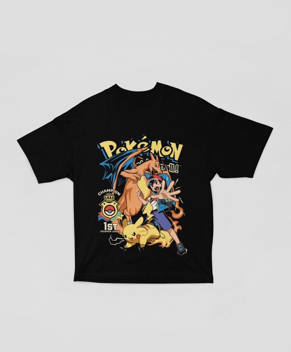 Camiseta - Charizard, Pikachu y Ash Negra
